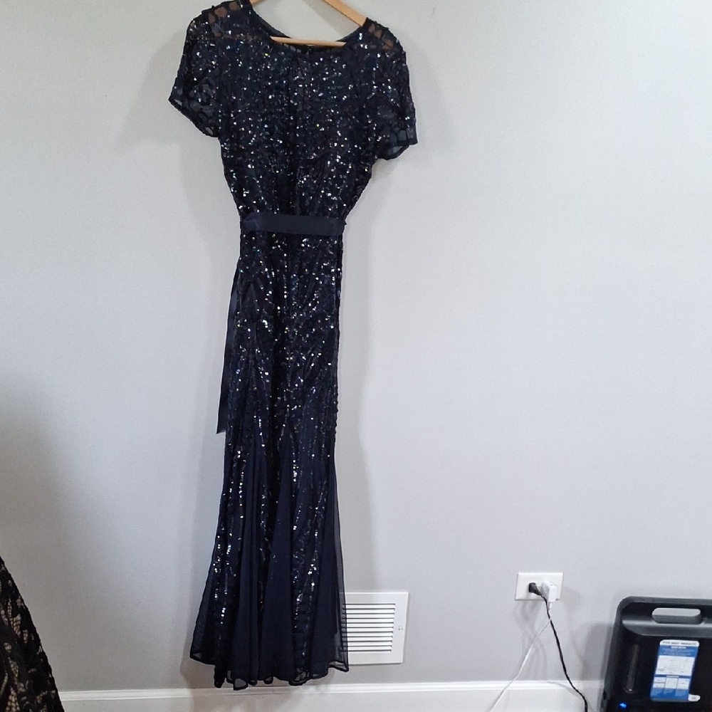 R&M Richards Blue Sequin Maxi Gown for Weddings